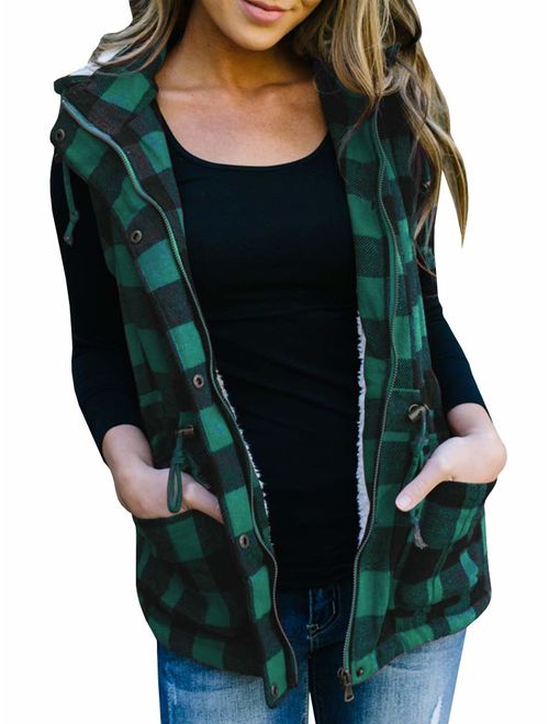 Imily Bela Womens Buffalo Hooded Plaid Corduroy Vest Flannel Winter Casual Coat Cardigan