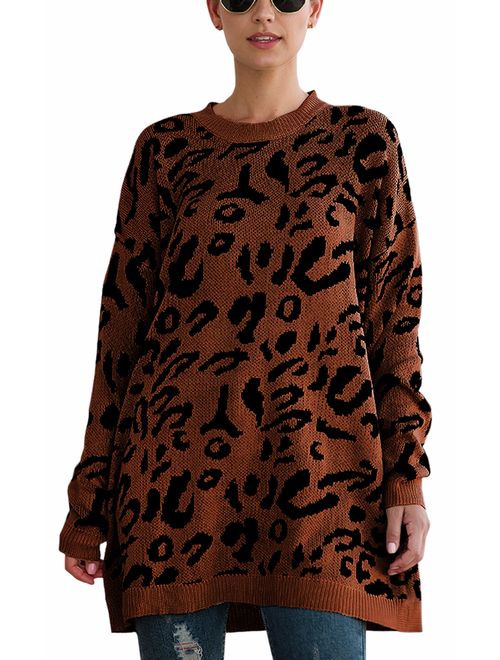 ECOWISH Women's Oversized Leopard Print Sweater Long Sleeve Casual Camouflage Print Knitted Jumper Pullover Sweatshirts Tops