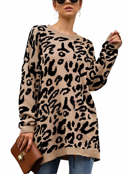 ECOWISH Women's Oversized Leopard Print Sweater Long Sleeve Casual Camouflage Print Knitted Jumper Pullover Sweatshirts Tops