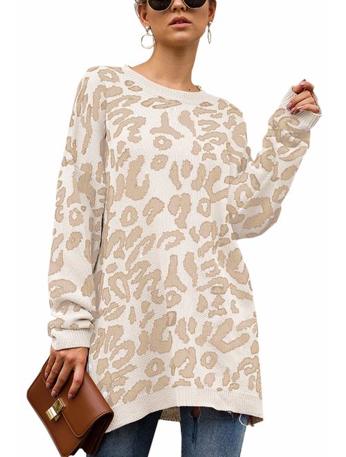 ECOWISH Women's Oversized Leopard Print Sweater Long Sleeve Casual Camouflage Print Knitted Jumper Pullover Sweatshirts Tops