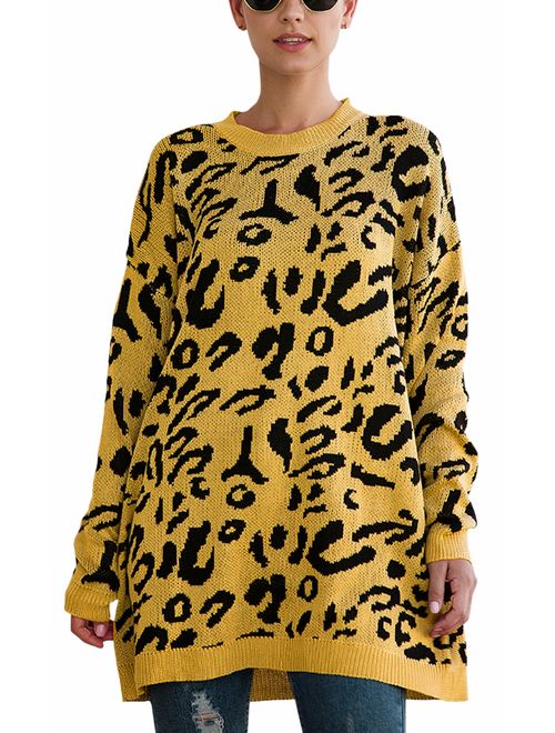 ECOWISH Women's Oversized Leopard Print Sweater Long Sleeve Casual Camouflage Print Knitted Jumper Pullover Sweatshirts Tops