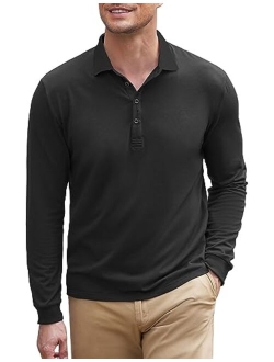 Men's Long Sleeve Polo Shirt Striped Collar Casual Slim Fit Cotton Polo T Shirts