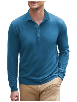 Men's Long Sleeve Polo Shirt Striped Collar Casual Slim Fit Cotton Polo T Shirts