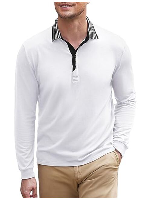 COOFANDY Men's Long Sleeve Polo Shirt Striped Collar Casual Slim Fit Cotton Polo T Shirts