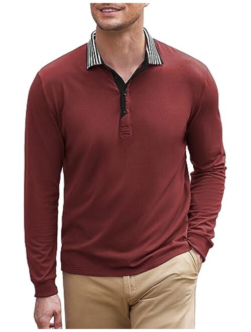 COOFANDY Men's Long Sleeve Polo Shirt Striped Collar Casual Slim Fit Cotton Polo T Shirts