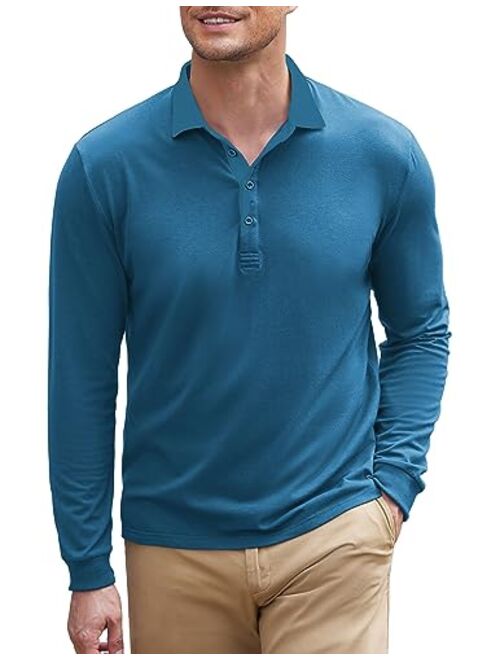 COOFANDY Men's Long Sleeve Polo Shirt Striped Collar Casual Slim Fit Cotton Polo T Shirts