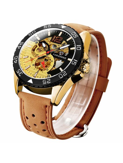 Bestn Men's Self-Wind/Hand Wind Mechanical Wrist Watch Skeleton Steampunk Design Stainless Steel/Leather Band Roman Numeral