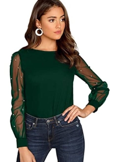 Women's Pearl Beading Sheer Mesh Sleeve Blouse Tops