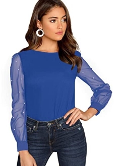 Women's Pearl Beading Sheer Mesh Sleeve Blouse Tops