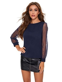 Women's Pearl Beading Sheer Mesh Sleeve Blouse Tops