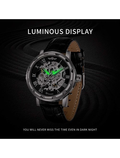 Gute Classic Skeleton Watch Unisex Steampunk Auto Self Wind Wrist Watch - Black Dial Silver Watch Case