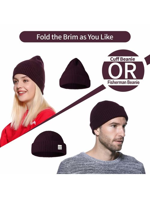 ZOWYA Cotton Fine Ribbon Knit Fishman Beanie and Cuff Beanie 2 in 1 Knit Beanie for Men & Women Unisex