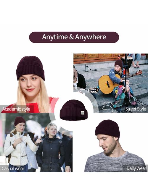 ZOWYA Cotton Fine Ribbon Knit Fishman Beanie and Cuff Beanie 2 in 1 Knit Beanie for Men & Women Unisex