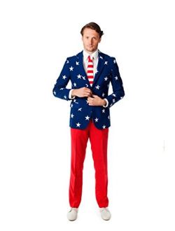 Mens Stars and Stripes Party Costume Suit, Red, 36,38,40,42,44,46,48