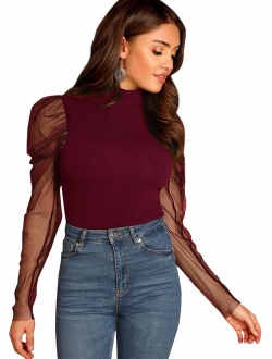 Women's Mesh Puff Sleeve High Neck Slim Fit Party Blouse Top