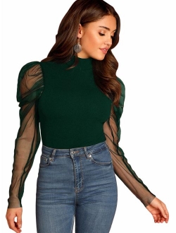 Women's Mesh Puff Sleeve High Neck Slim Fit Party Blouse Top