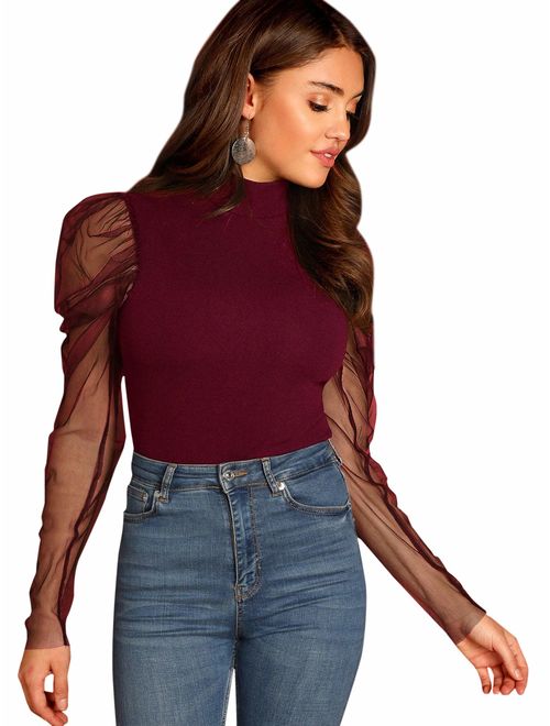 Romwe Women's Mesh Puff Sleeve High Neck Slim Fit Party Blouse Top