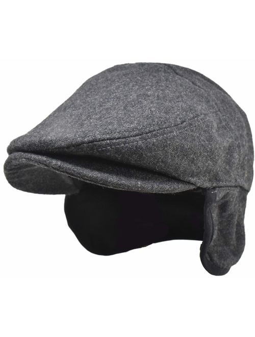 Folie Co. 100% Wool Herringbone Winter Ivy Cabbie Hat w/Fleece Earflaps - Driving Hat