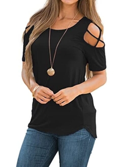 iGENJUN Women Short Sleeve Strappy Cold Shoulder T-Shirt Tops Blouses