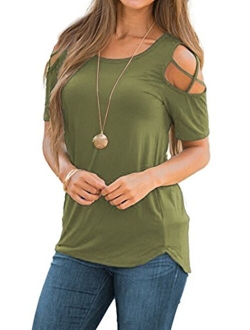 iGENJUN Women Short Sleeve Strappy Cold Shoulder T-Shirt Tops Blouses