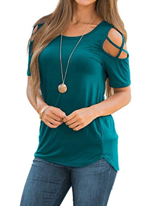 iGENJUN Women Short Sleeve Strappy Cold Shoulder T-Shirt Tops Blouses