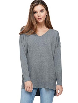 A+D Women's Oversized Extra Soft V-Neck Pullover Sweater Long Sleeved Sweater Top with Hi-Low