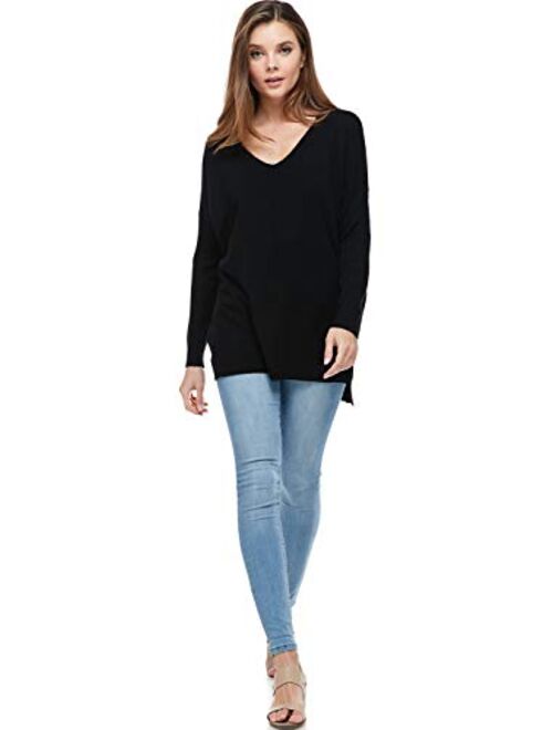 A+D Women's Oversized Extra Soft V-Neck Pullover Sweater Long Sleeved Sweater Top with Hi-Low