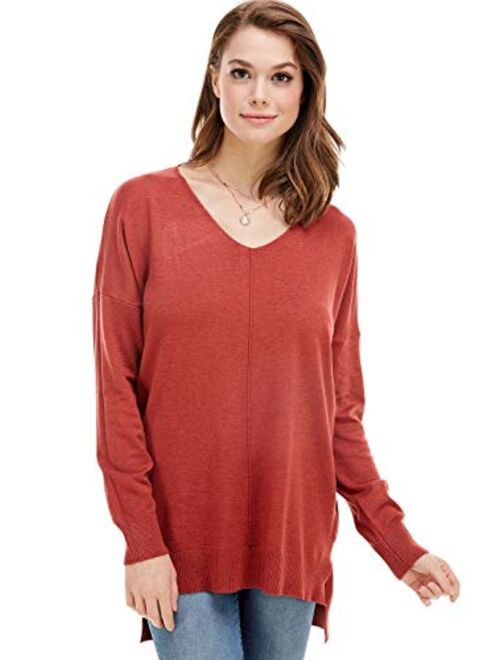 A+D Women's Oversized Extra Soft V-Neck Pullover Sweater Long Sleeved Sweater Top with Hi-Low