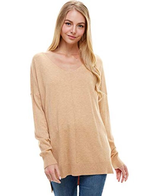 A+D Women's Oversized Extra Soft V-Neck Pullover Sweater Long Sleeved Sweater Top with Hi-Low