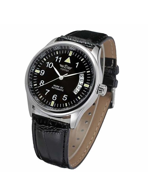 VIGOROSO Men's Sport Day Date Black Leather Automatic Self Winding Watch