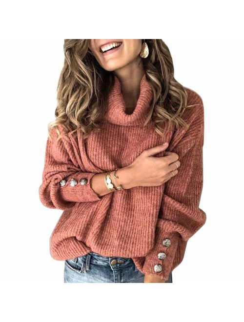 Sovelen Women's Sweaters Turtle Cowl Neck Oversized Long Sleeve Button Loose Pullover Knit Sweater Tops