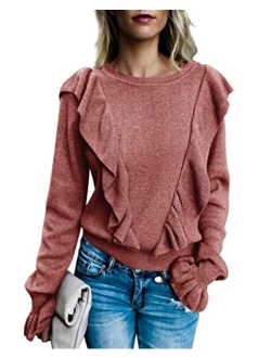 Imily Bela Women's Crew Rib Ruffle Front Puff Long Sleeve Blouse Sweater Crop T Shirts