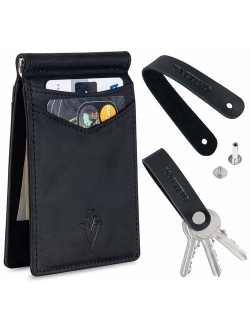 Men's Leather RFID Money Clip Slim Wallet with Leather Keychain