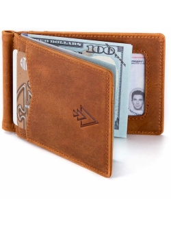 Men's Leather RFID Money Clip Slim Wallet with Leather Keychain