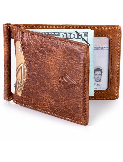 Men's Leather RFID Money Clip Slim Wallet with Leather Keychain