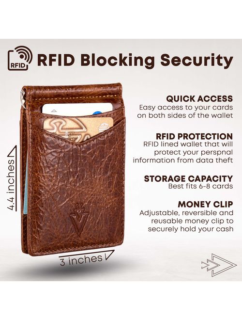 Men's Leather RFID Money Clip Slim Wallet with Leather Keychain