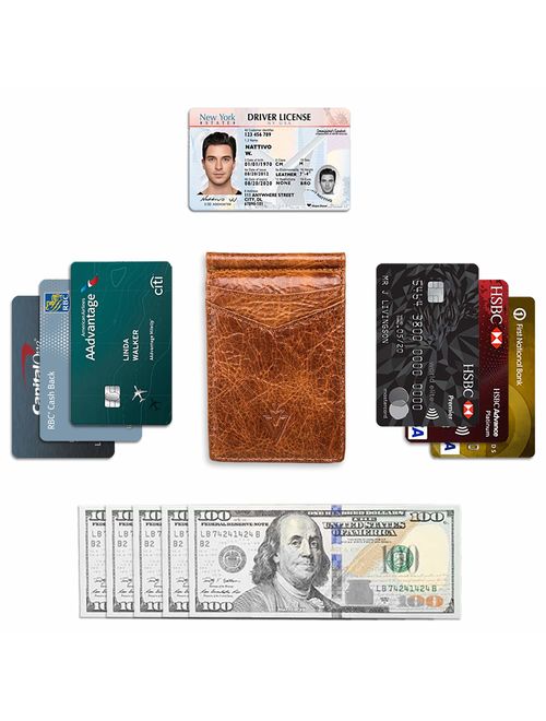 Men's Leather RFID Money Clip Slim Wallet with Leather Keychain