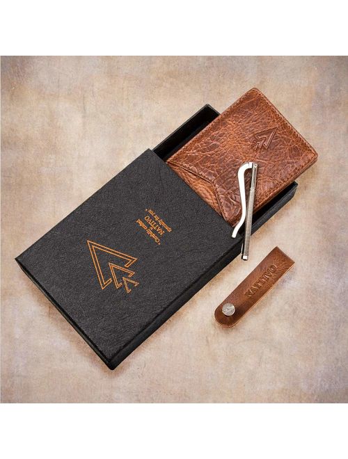 Men's Leather RFID Money Clip Slim Wallet with Leather Keychain