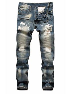 NITAGUT Men's Ripped Slim Straight fit Biker Jeans with Zipper Deco