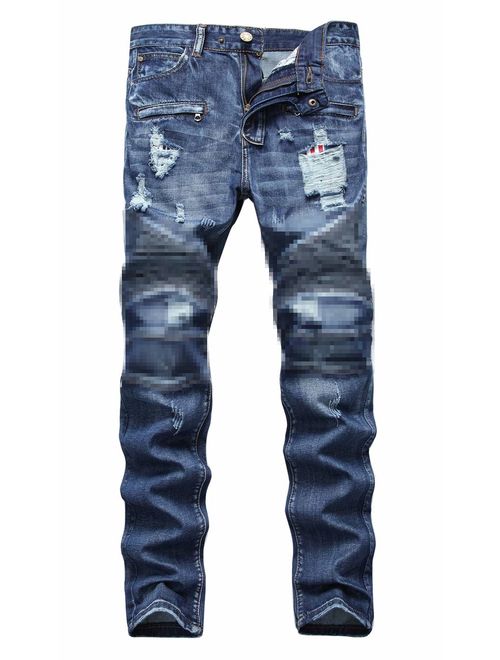 NITAGUT Men's Ripped Slim Straight fit Biker Jeans with Zipper Deco