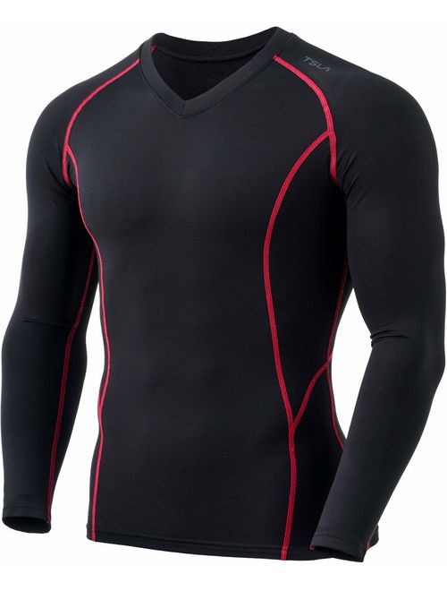 TSLA Men's Thermal Wintergear Compression Baselayer Vneck Long Sleeve Shirt