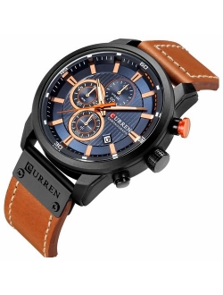 Mens Leather Strap Watches Classic Casual Dress Stainless Steel Waterproof Chronograph Date Analog Quartz Watch