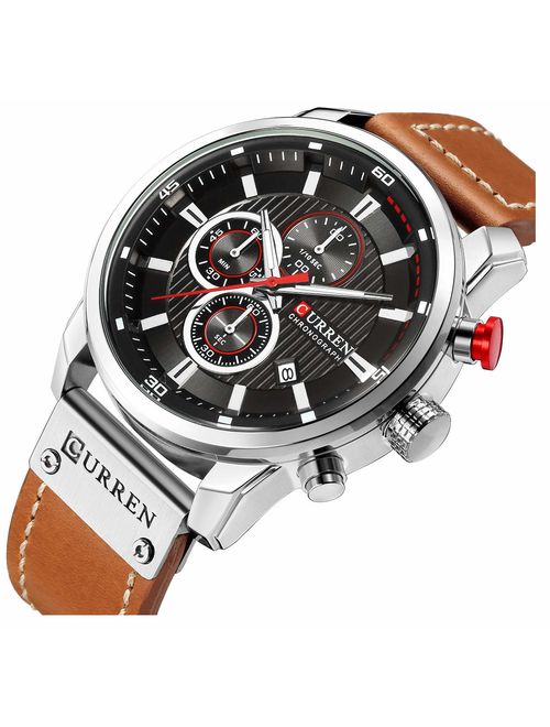 Mens Leather Strap Watches Classic Casual Dress Stainless Steel Waterproof Chronograph Date Analog Quartz Watch