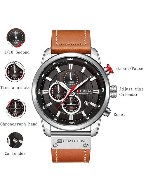 Mens Leather Strap Watches Classic Casual Dress Stainless Steel Waterproof Chronograph Date Analog Quartz Watch