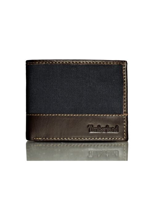 Timberland Men's Baseline Leather Canvas Wallet with Attached Flip Pocket