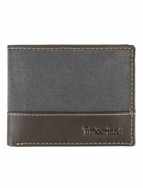 Timberland Men's Baseline Leather Canvas Wallet with Attached Flip Pocket