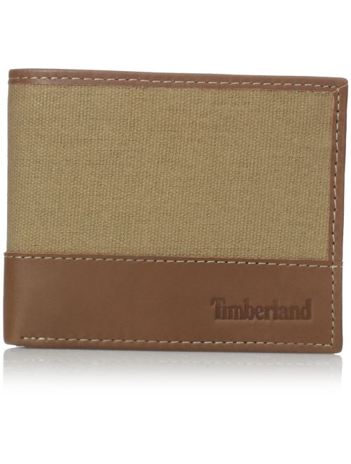 Timberland Men's Baseline Leather Canvas Wallet with Attached Flip Pocket