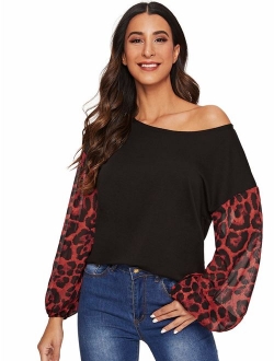 Women's One Shoulder Long Sleeve Casual Leopard Tops Blouse