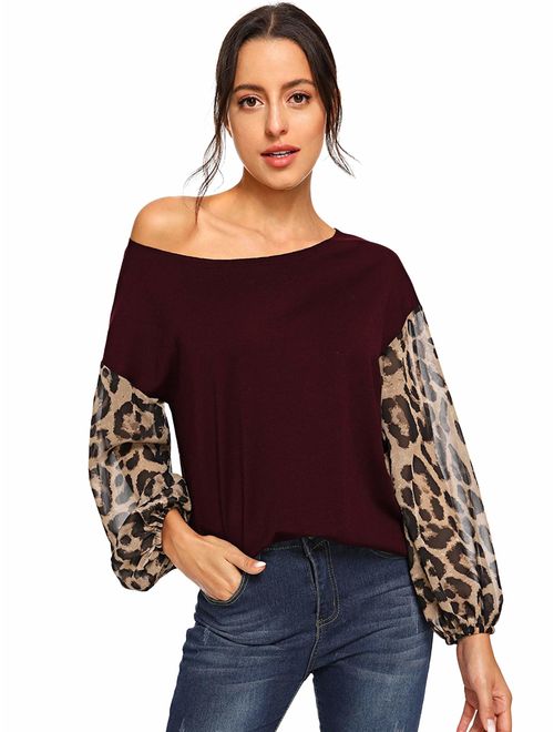 SheIn Women's One Shoulder Long Sleeve Casual Leopard Tops Blouse