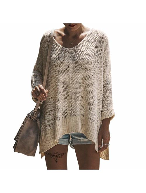 Exlura Women's Casual V Neck Loose Oversized Pullover Sweater High Low Knitted Jumper